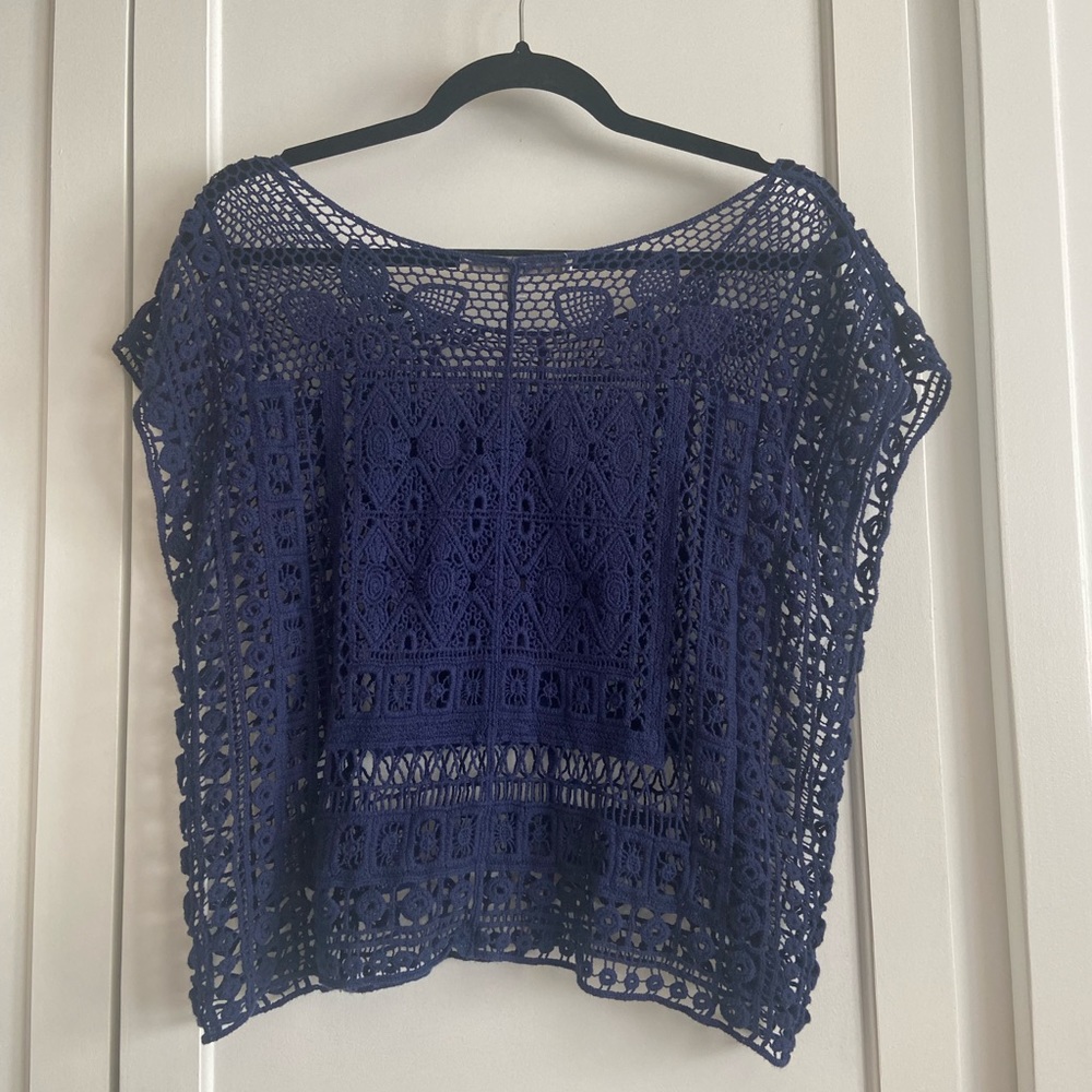 Crocheted Blue Top Boho Swimsuit Coverup Size L by Lauren Conrad - Picture 5 of 6